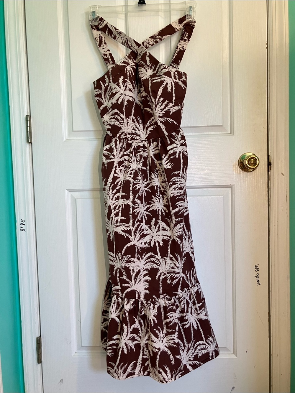 Express Brown Palm-Print Maxi Dress with Crisscross Straps